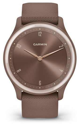 Smartwatch Garmin marron avec cadran circulaire et bracelet marron. Présente un design de montre classique.