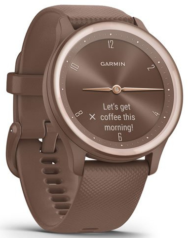 Montre connectée marron avec un bracelet marron. L'écran affiche un message : Prenons un café ce matin !