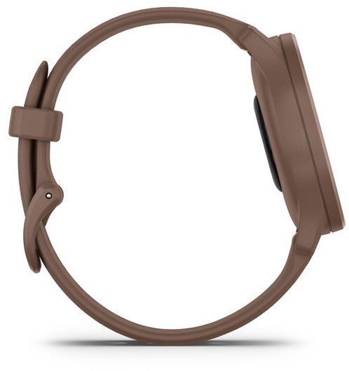 Une montre connectée marron avec un bracelet marron, vue de côté. La montre est ronde.