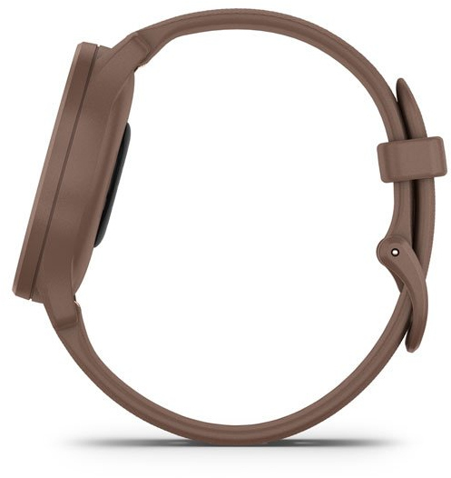 Une montre connectée marron avec bracelet, vue de côté, sur fond blanc.