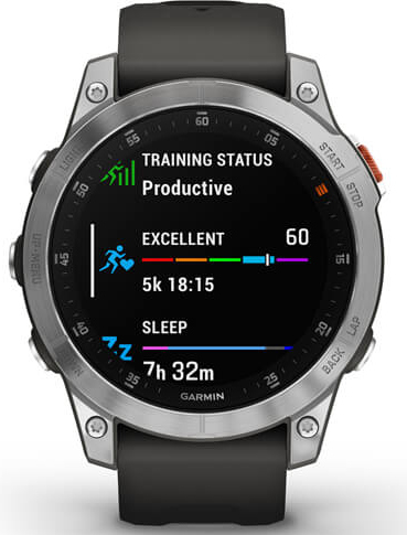 Smartwatch affichant l'état d'entraînement : Productif. Fréquence cardiaque, temps de course 5 km et données de sommeil.