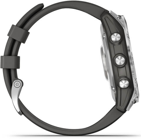 Vue latérale d'une smartwatch grise avec bracelet gris. Les boutons sont visibles sur le côté de la montre.