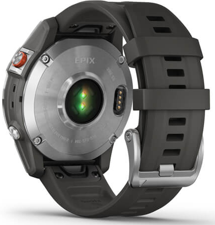 Arrière de la montre intelligente Garmin Epix, montrant le capteur et le bracelet.