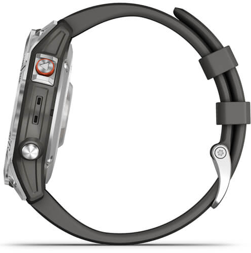 Vue latérale d'une montre Garmin grise avec un bracelet noir.