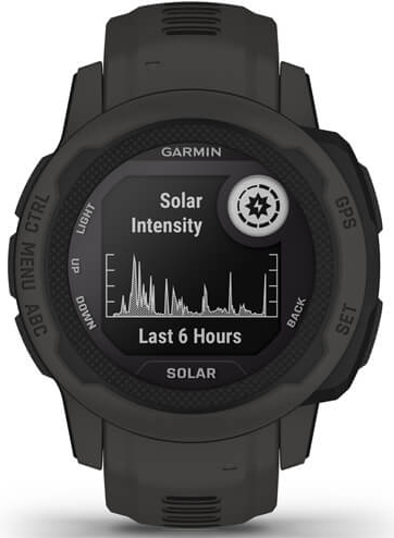 Zwart Garmin-horloge met scherm met zonne-intensiteitsgrafiek en knoppen op de rand.