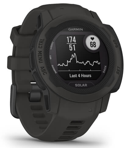 Zwarte Garmin smartwatch. Toont hartslag, tijd en een grafiek. Zwarte band en behuizing.