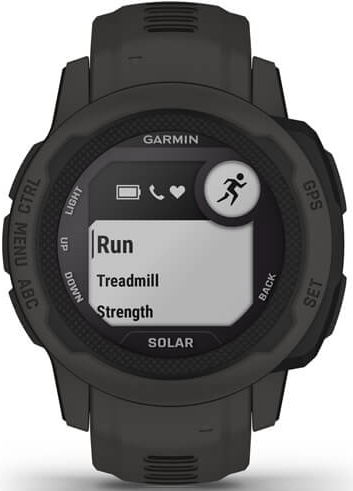 Garmin smartwatch met het display met opties voor 'Hardlopen', 'Loopband' en 'Kracht'.