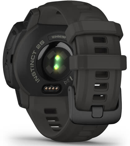 Zwart Garmin Instinct 2S horloge, achteraanzicht. Toont sensoren en bandje.