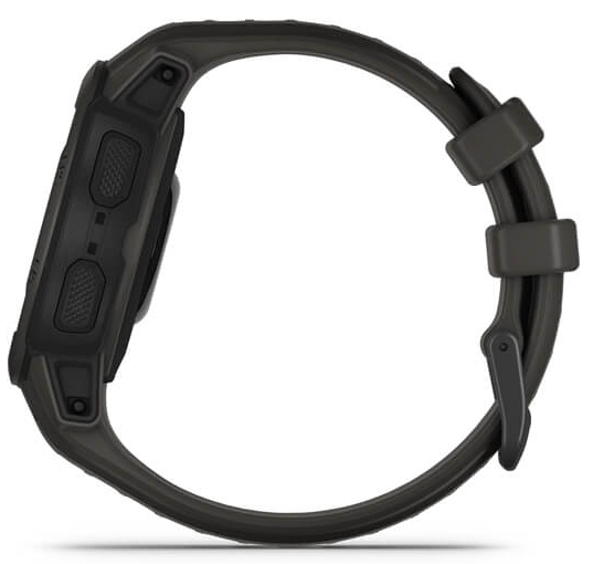 Zijaanzicht van een Garmin Instinct smartwatch, met knoppen en bandje.