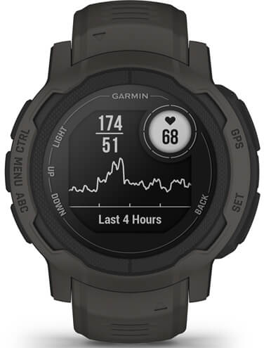 Een Garmin smartwatch toont hartslag, statistieken en tijd op het scherm. Het heeft een donkere band.