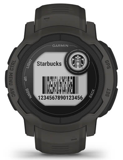 Een Garmin horloge toont een Starbucks logo en barcode.