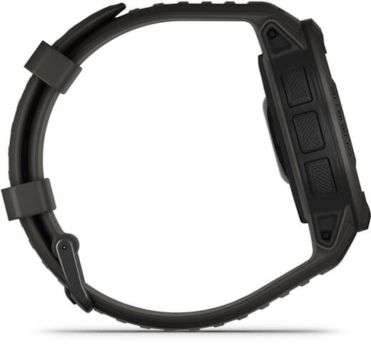 Zwarte Garmin smartwatch, zijaanzicht. Het heeft een zwarte band, knoppen en scherm.