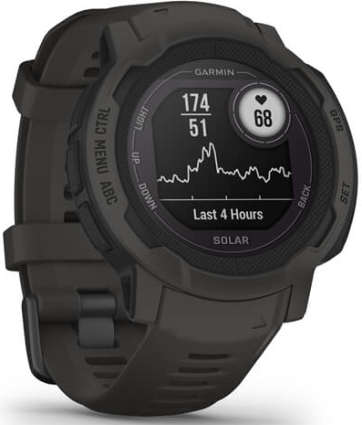 Garmin Instinct Solar horloge, zwart, toont hartslag en tijd op scherm.