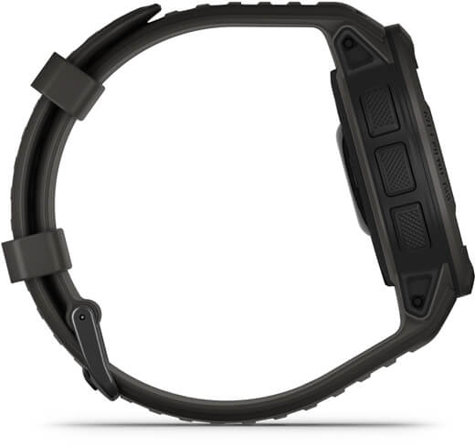 Zwarte smartwatch met zwarte band, zijaanzicht, knoppen zichtbaar.