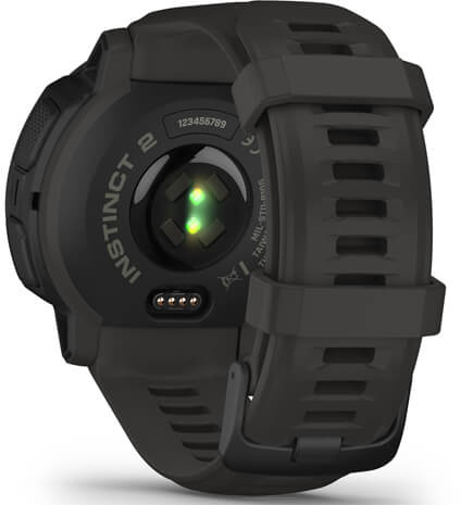 Achterkant van een Garmin Instinct 2 smartwatch, met de hartslagsensor en oplaadcontacten.