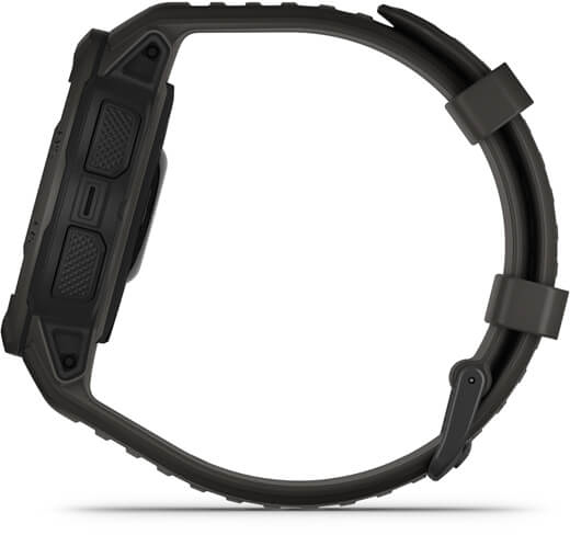 Zwarte Garmin Instinct horloge van de zijkant, met de band en knoppen zichtbaar.