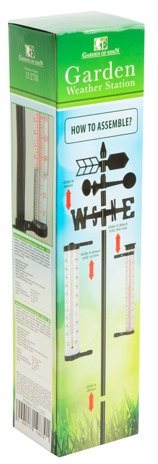 Doboz 'Garden Weather Station' felirattal, összeszerelési útmutatóval és időjárásmérő eszközökkel.