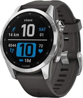 Smartwatch Garmin Fenix, gris foncé avec écran noir, affichant des données d'activité.