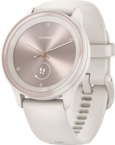 Montre connectée Garmin blanche. Cadran or rose avec aiguilles. Bracelet blanc.