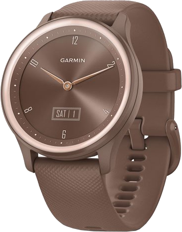 Montre connectée marron avec lunette or rose. Affiche l'heure et la date.