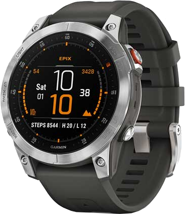 Montre intelligente argent et noir, affiche l'heure et les statistiques de santé. Bracelet noir, bouton rouge. Modèle Garmin Epix.