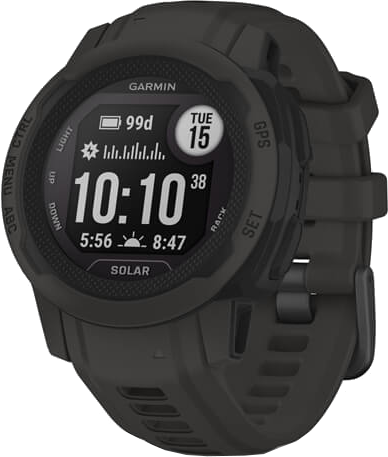 Zwart Garmin horloge met digitale display met tijd en datum. Heeft knoppen aan de zijkant en een zwarte band.