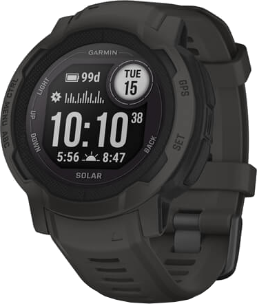 Zwarte Garmin smartwatch met digitale display, die tijd, datum en batterij toont.