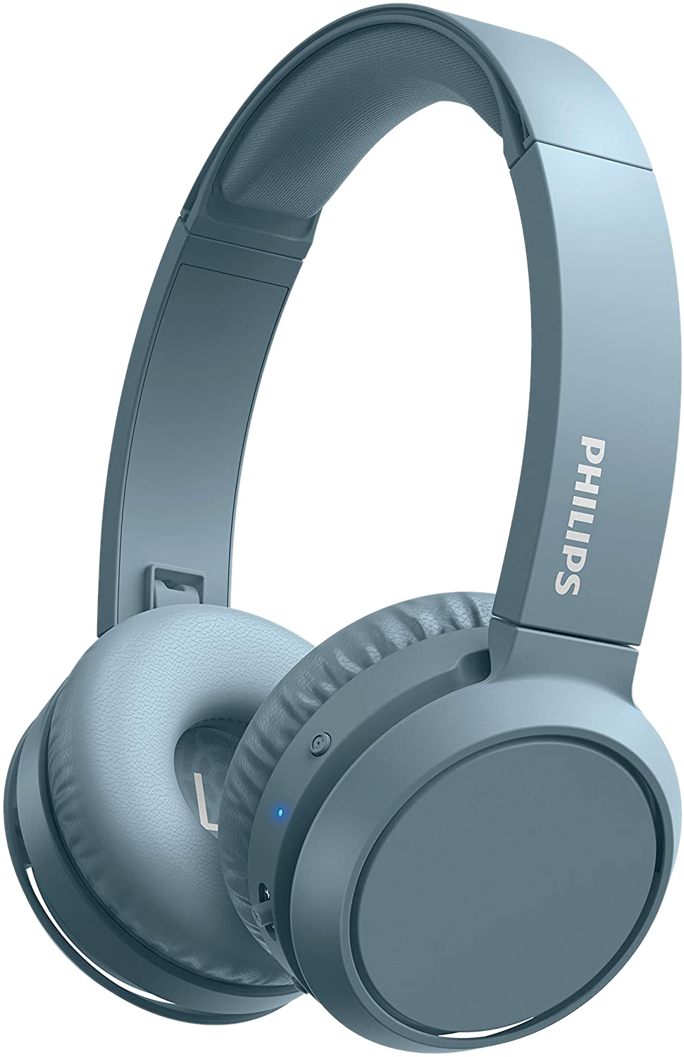 Casque audio bleu supra-auriculaire avec la marque 'Philips' visible sur le côté.