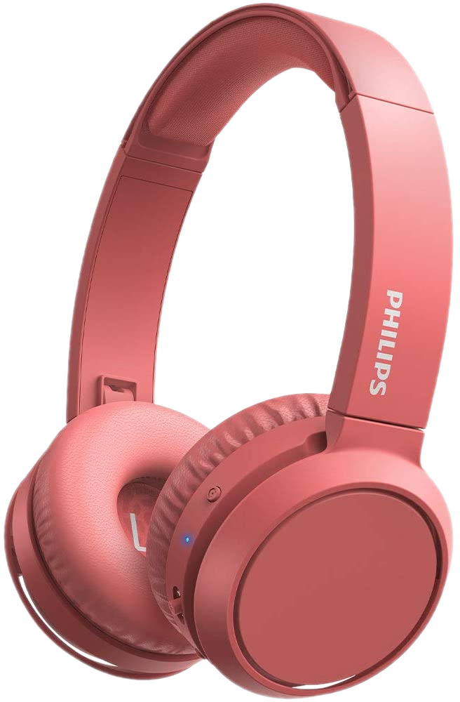 Roze koptelefoon met het woord PHILIPS op de zijkant en een blauw licht.