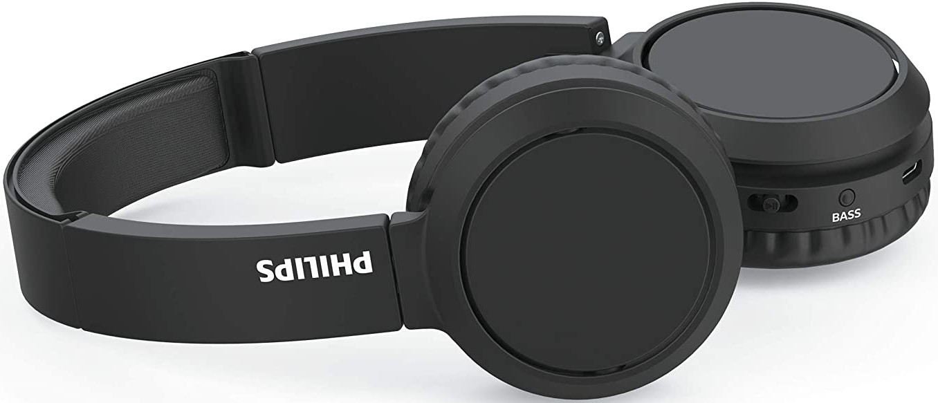 Zwarte Philips-koptelefoon met oorschelpen en een hoofdband. De merknaam is zichtbaar.