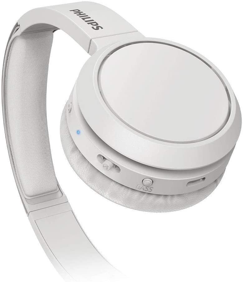 Casque circum-auriculaire blanc avec contrôle du volume et bouton des basses.