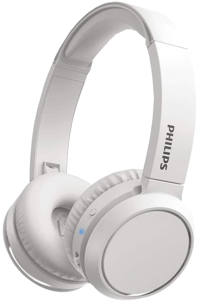 Casque Philips blanc, design circum-aural, avec bouton et indicateur lumineux bleu.