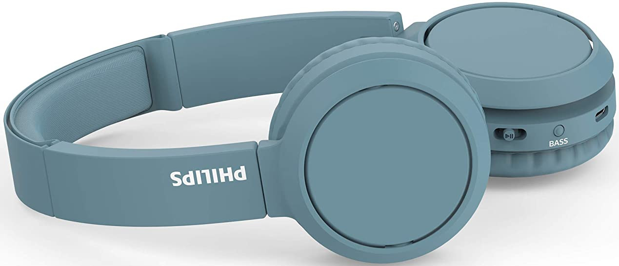 Casque Philips bleu, vu de côté, avec commandes et un interrupteur de basses.