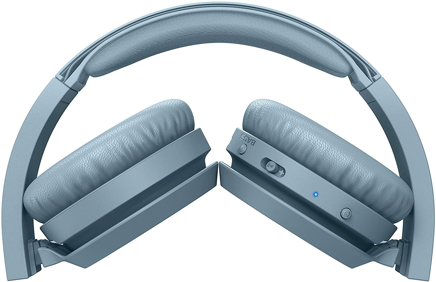 Casque Philips bleu plié en forme de coquillage.