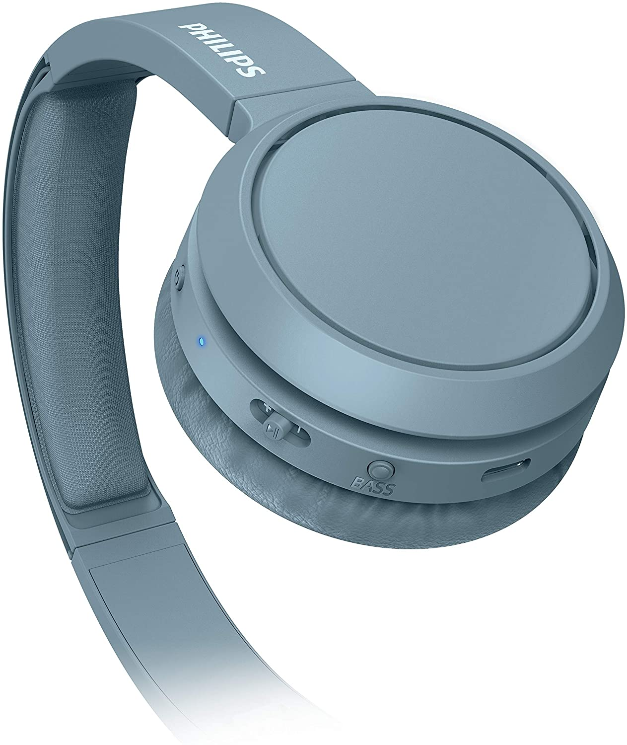 Une paire d'écouteurs Philips bleus avec des boutons de contrôle du volume et des basses.