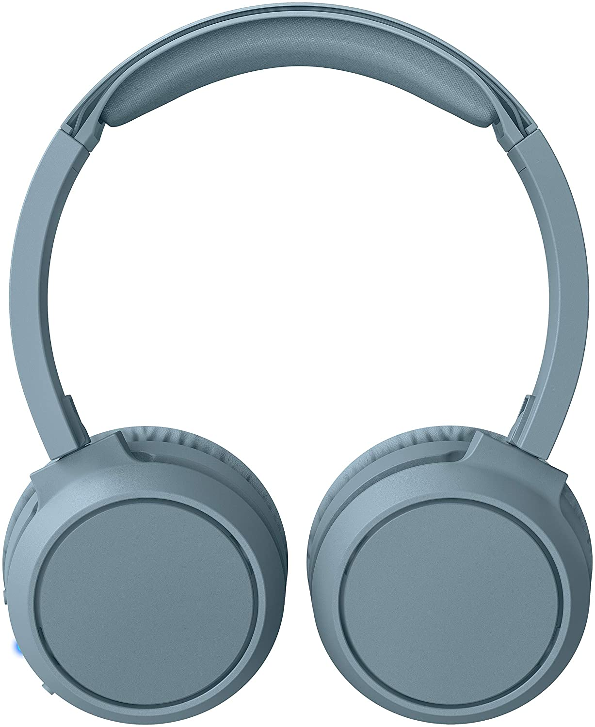 Casque audio gris. Le casque a un bandeau et des oreillettes, et est présenté de face.