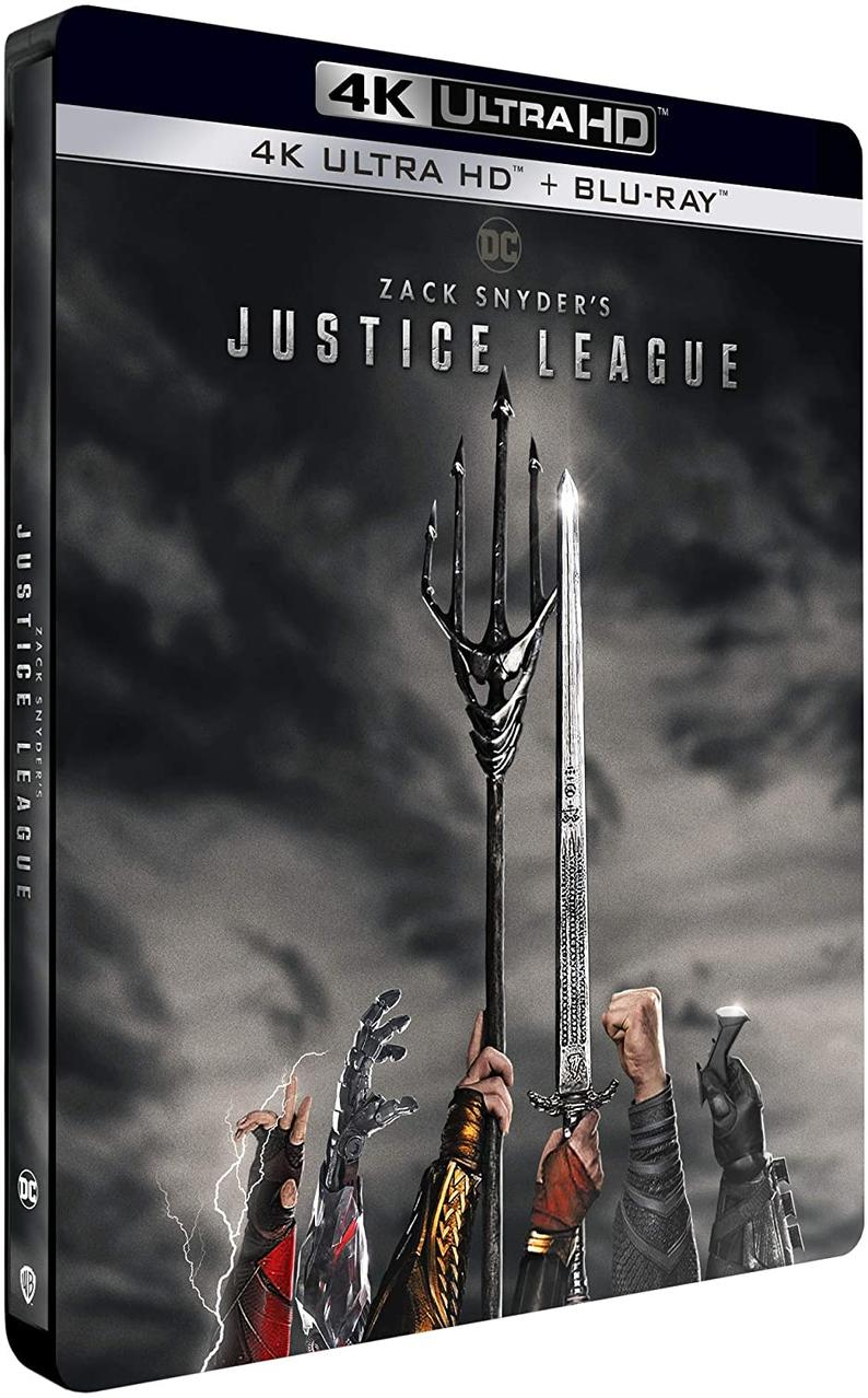 Couverture Blu-ray 4K Ultra HD de Justice League avec une scène dramatique.