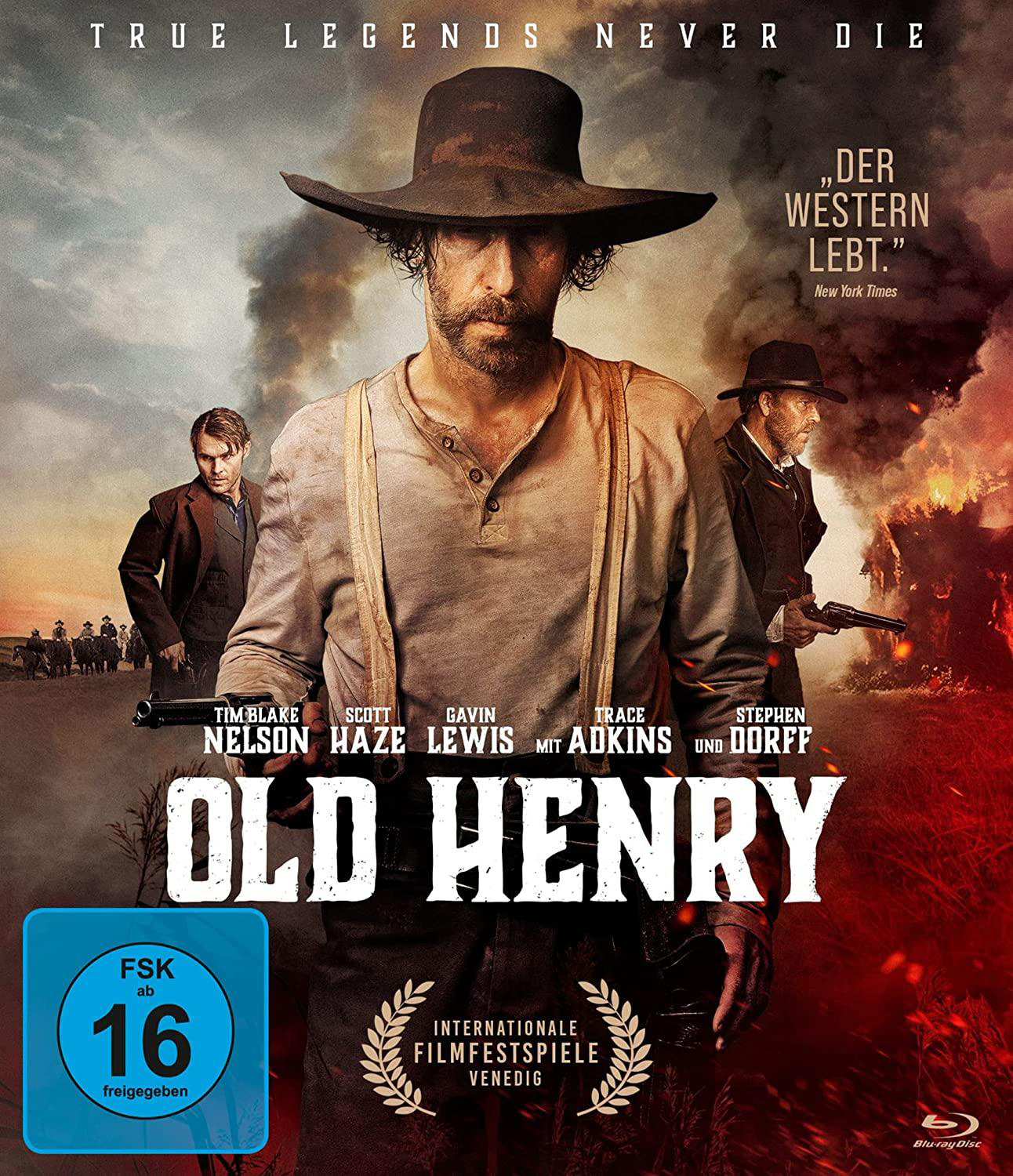 Filmcover: Mann mit Hut, zwei andere, Titel 'Old Henry', Filmplakat.