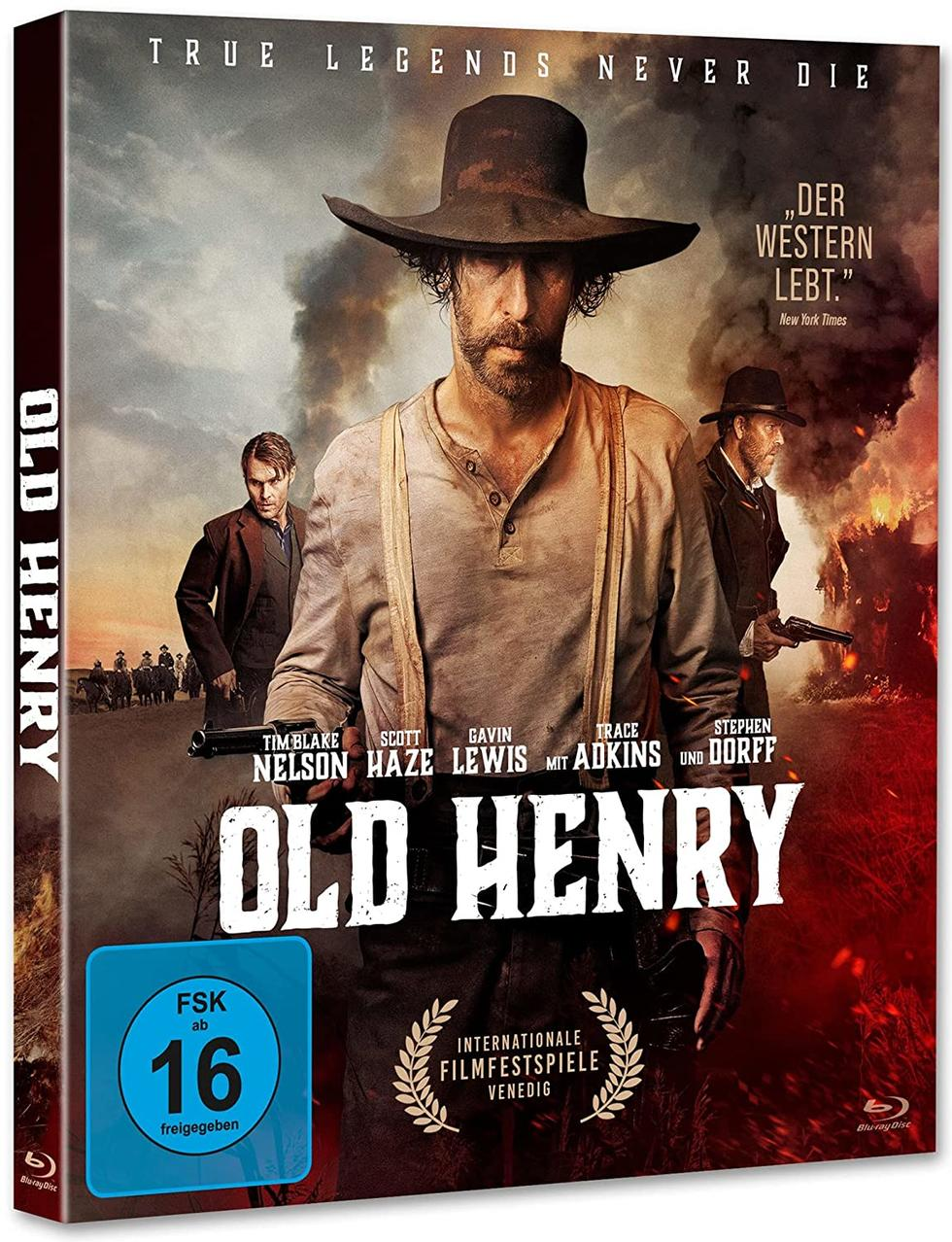 DVD-Cover für den Film 'Old Henry'. Männer vor Sonnenuntergang.
