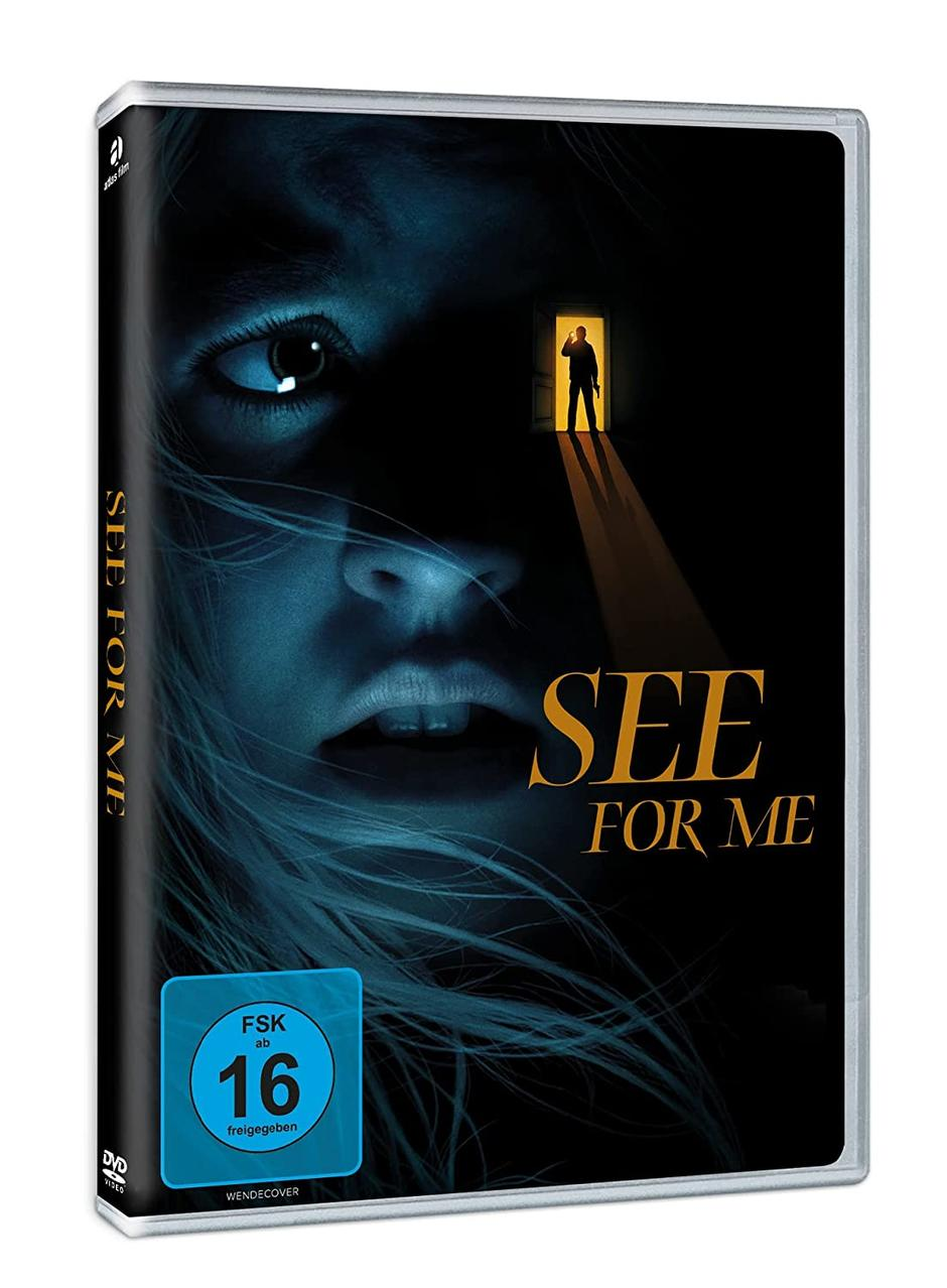 DVD-Hülle eines Films mit dem Titel 'See For Me'. Das Gesicht einer Frau ist zu sehen. Ein Mann steht in einer beleuchteten Tür.