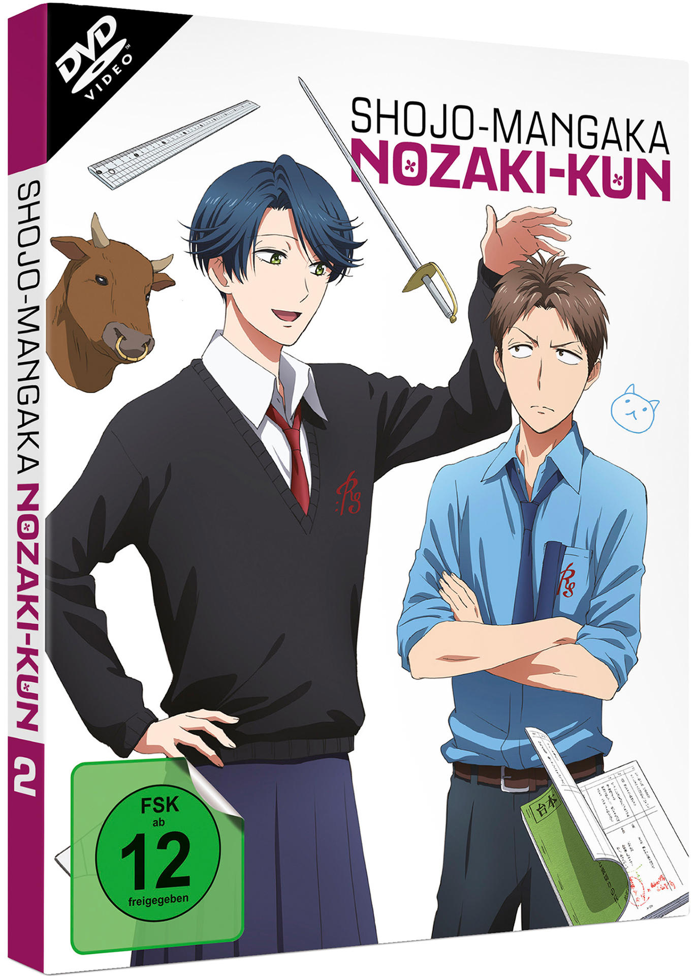 Anime-DVD-Cover. Zwei Charaktere werden mit Illustrationen von Objekten angezeigt.