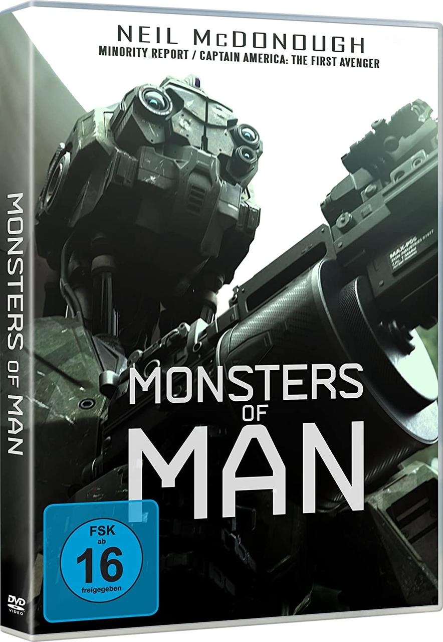 DVD-Hülle mit dem Titel "Monsters of Man", mit Robotern und einem Mann in Rüstung.