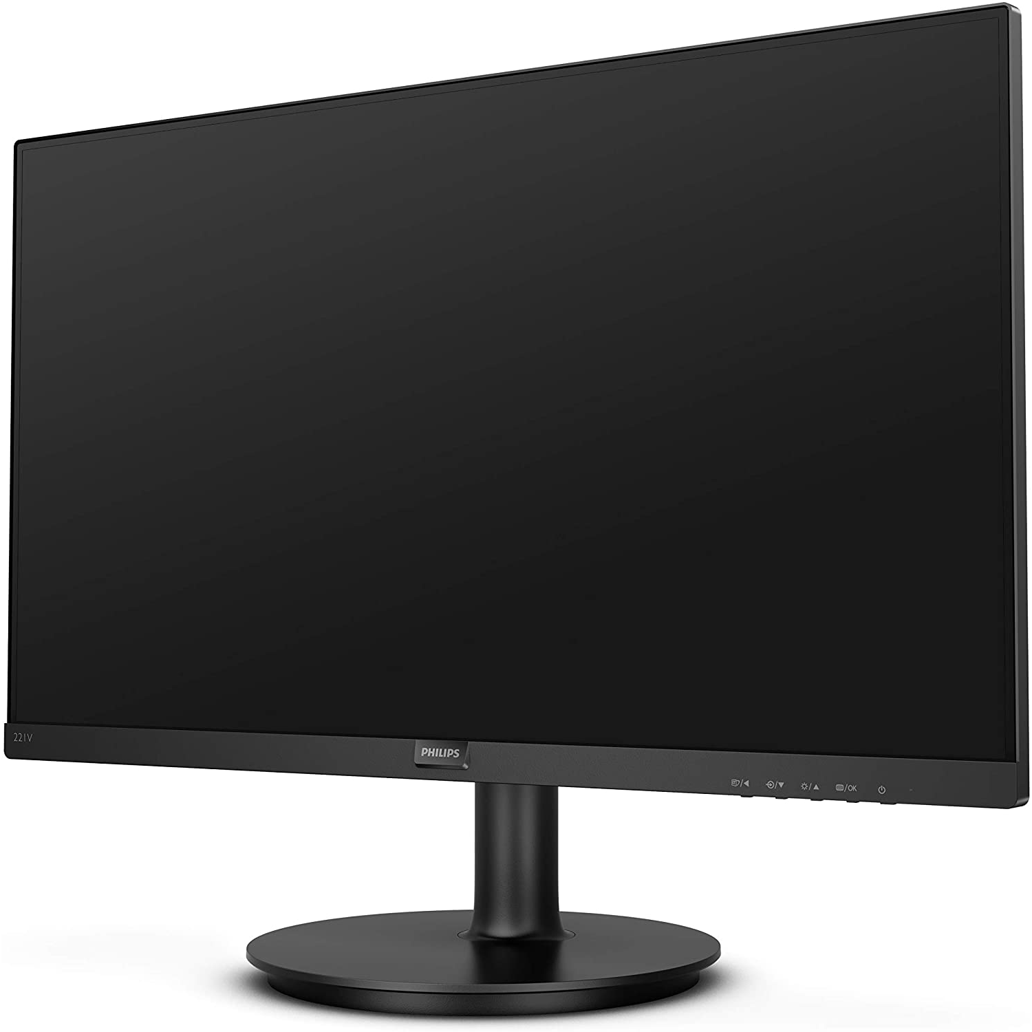 Un monitor negro con un bisel delgado. La pantalla está completamente negra y encendida.