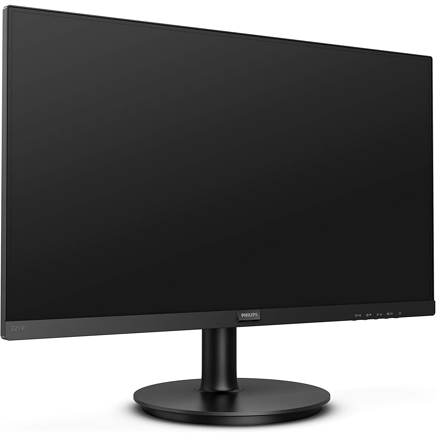 Monitor de ordenador negro con soporte negro, pantalla en blanco.