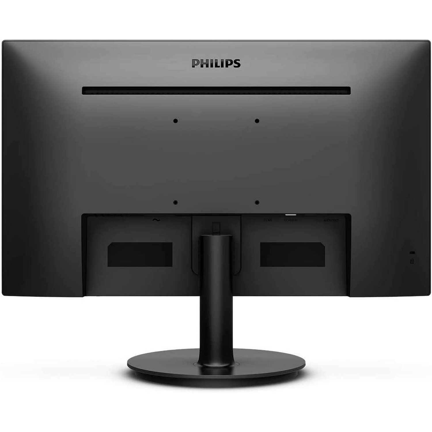 Vista trasera del monitor Philips negro, soporte y base. Fondo blanco.