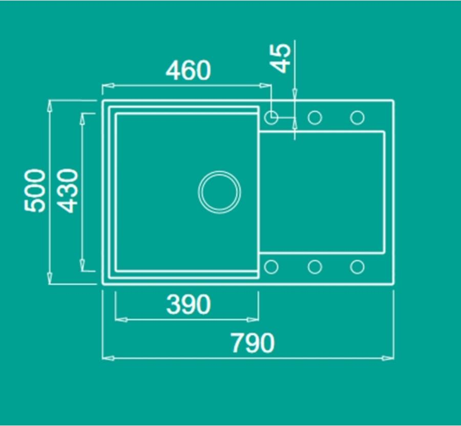 Konyhai mosogató diagramja méretekkel. A mérések milliméterben vannak megadva.