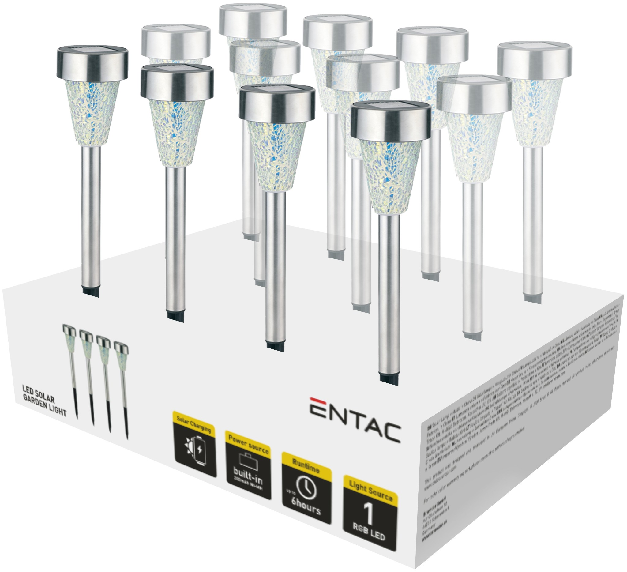 LED-es napelemes kerti lámpák bemutatása egy karton bemutatón termékinformációkkal.