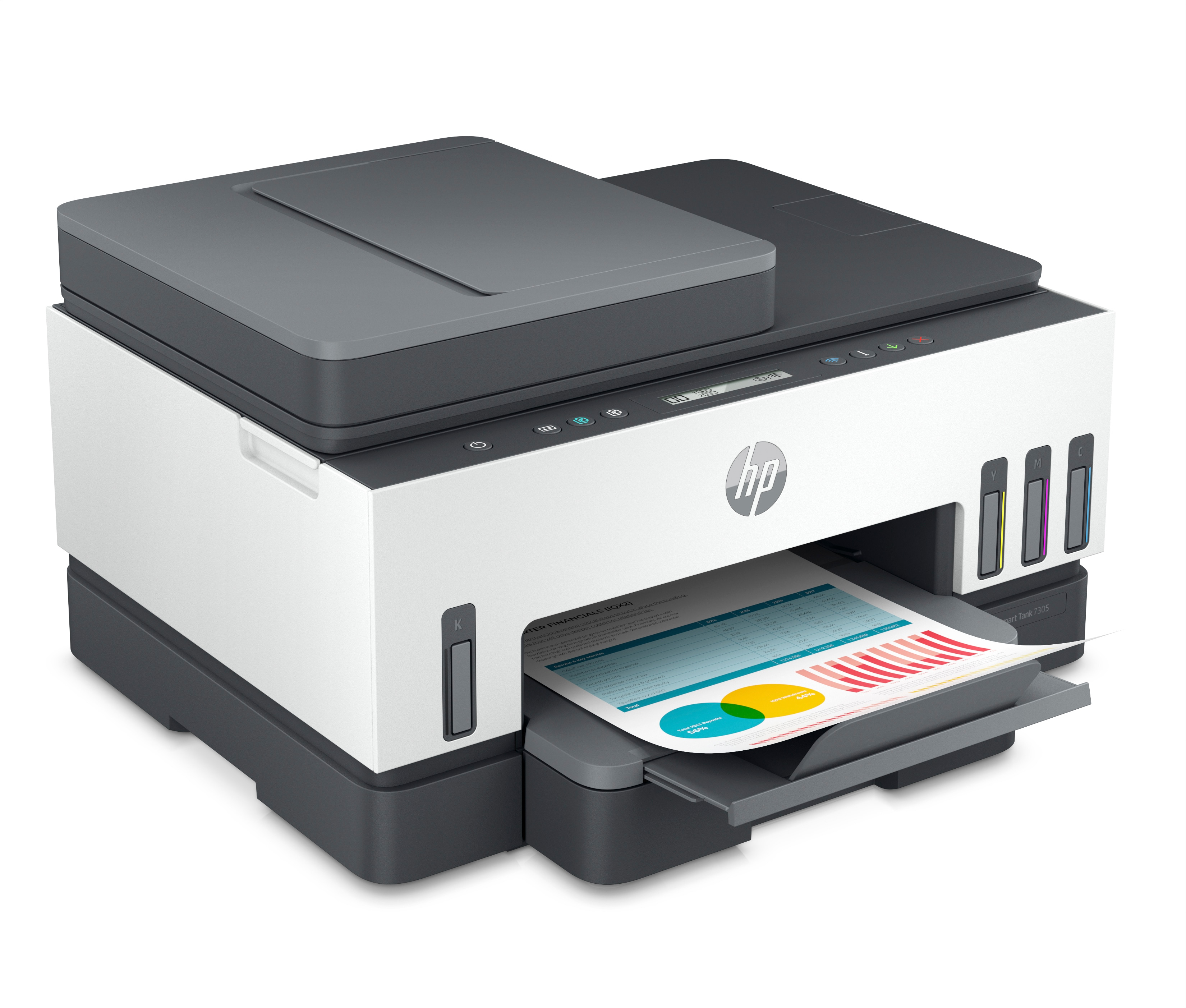 Ein weißer und grauer HP Drucker druckt ein Farbdokument; Papierausgabe sichtbar.