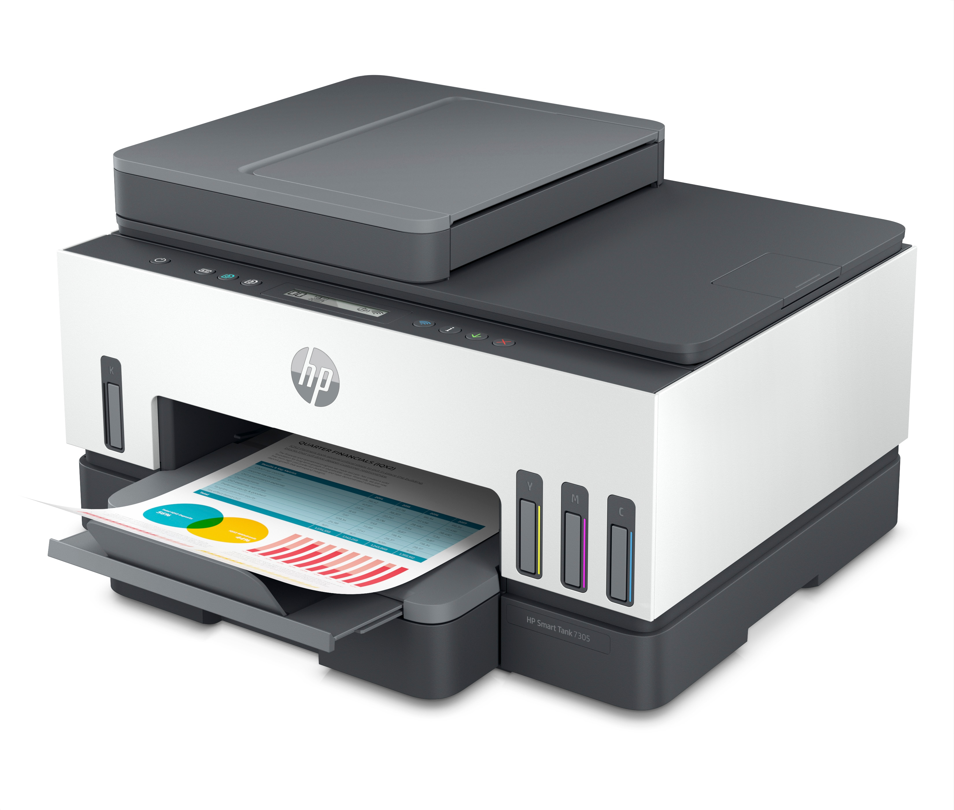 Ein HP-Drucker mit einem Dokument im Ausgabefach und Tintenpatronen.