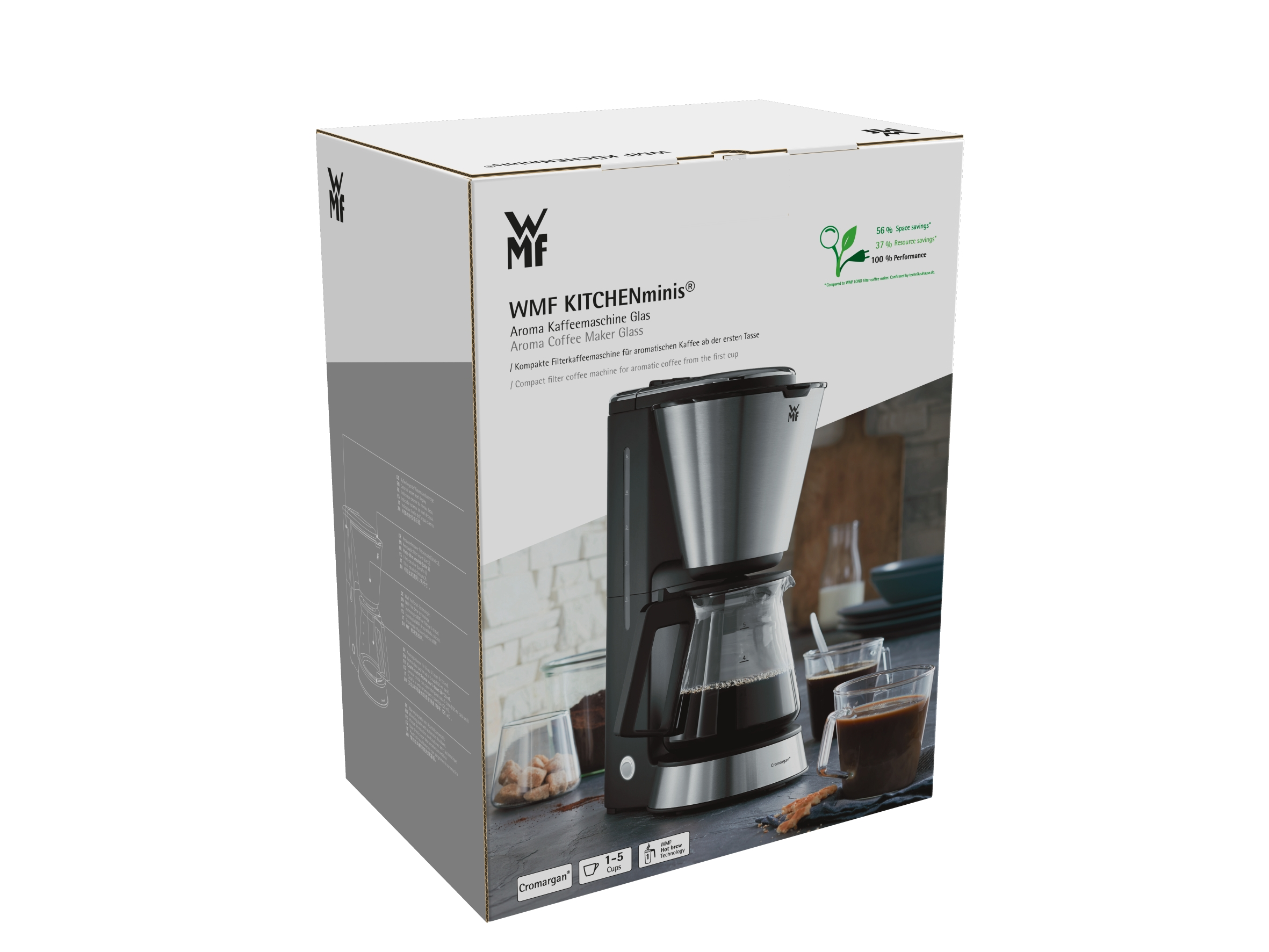 Kahve makinesi kutusu, WMF kitchenminis. Cam sürahi, kahve ve iki fincan içerir. Kutu beyazdır.